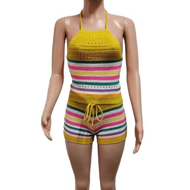 Knit Rainbow Striped Halter Top Short Set