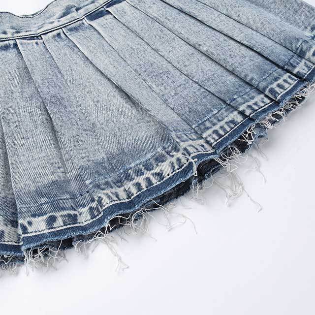 Denim High Waist Pleated Skirt