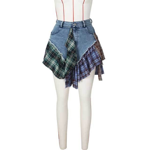 Denim Plaid Ruffle Mini Skirt