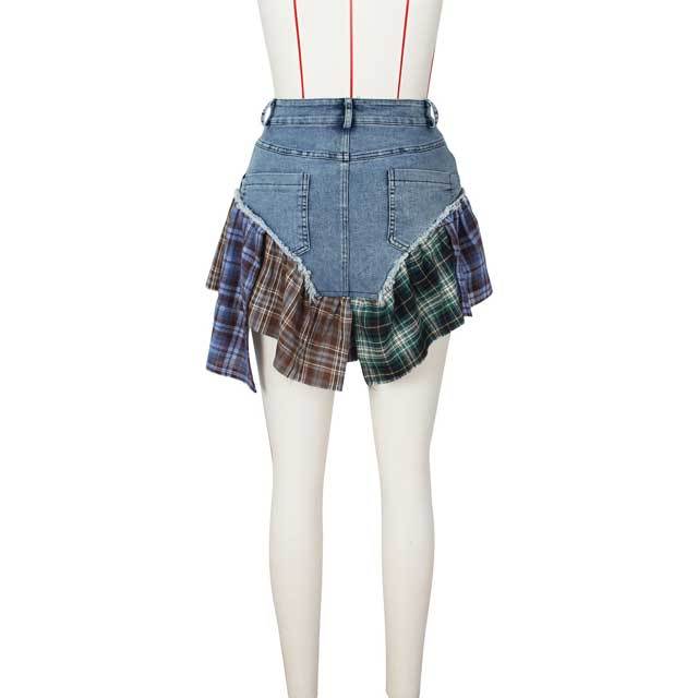 Denim Plaid Ruffle Mini Skirt