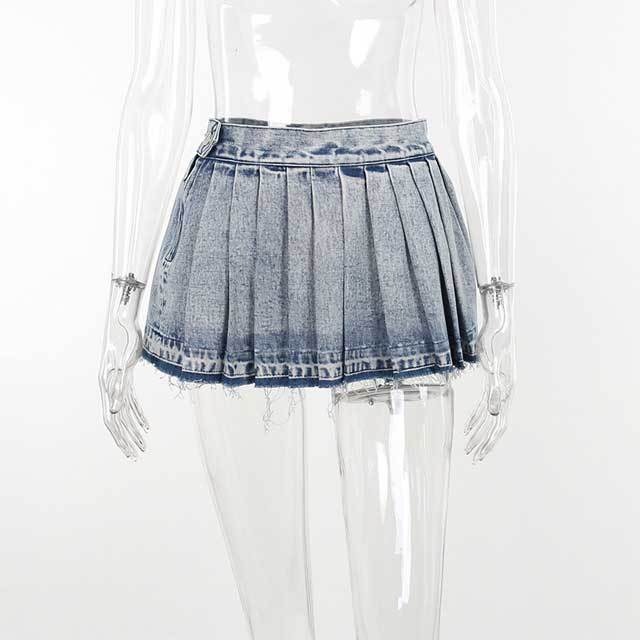 Denim High Waist Pleated Skirt