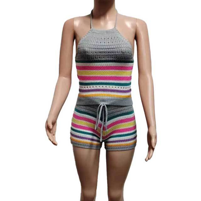 Knit Rainbow Striped Halter Top Short Set