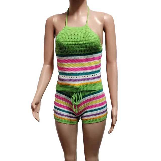Knit Rainbow Striped Halter Top Short Set