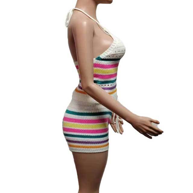 Knit Rainbow Striped Halter Top Short Set