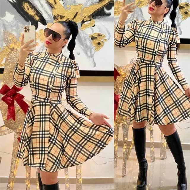 Printed Long Sleeve High Waist Vintage Dress