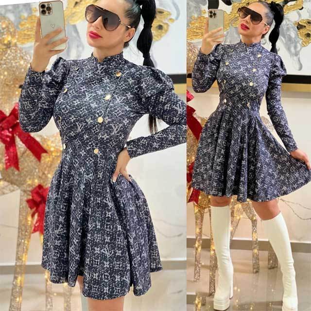 Printed Long Sleeve High Waist Vintage Dress