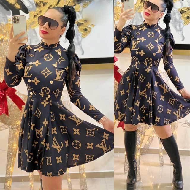 Printed Long Sleeve High Waist Vintage Dress