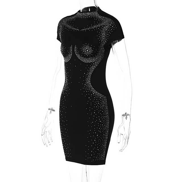 Rhinestones Short Sleeve Bodycon Dress