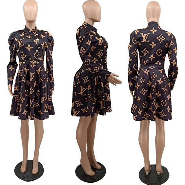 Printed Long Sleeve High Waist Vintage Dress