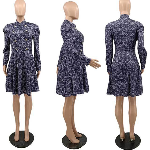 Printed Long Sleeve High Waist Vintage Dress