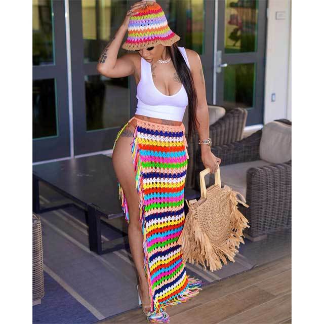 Crochet Striped Tassel Slit Maxi Skirt
