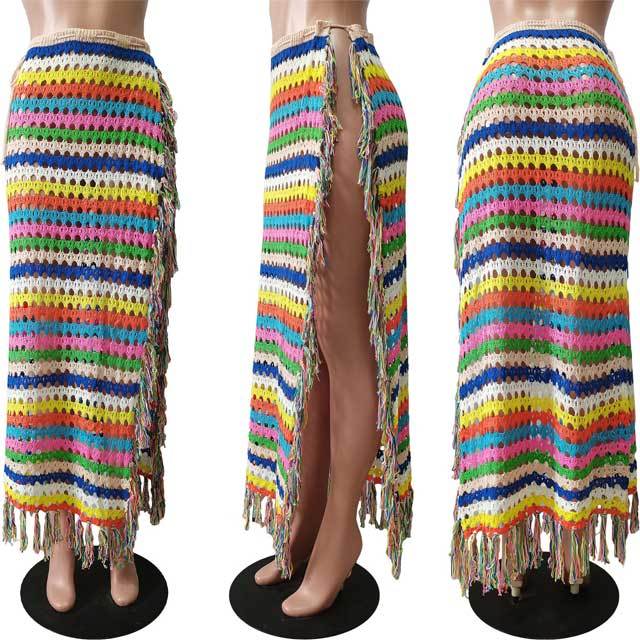 Crochet Striped Tassel Slit Maxi Skirt