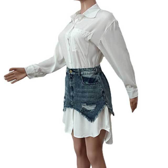 Basic Long Sleeve Shirt With Ripped Denim Skirt Set