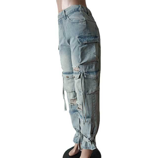 Multi Pockets Ripped Cargo Jeans