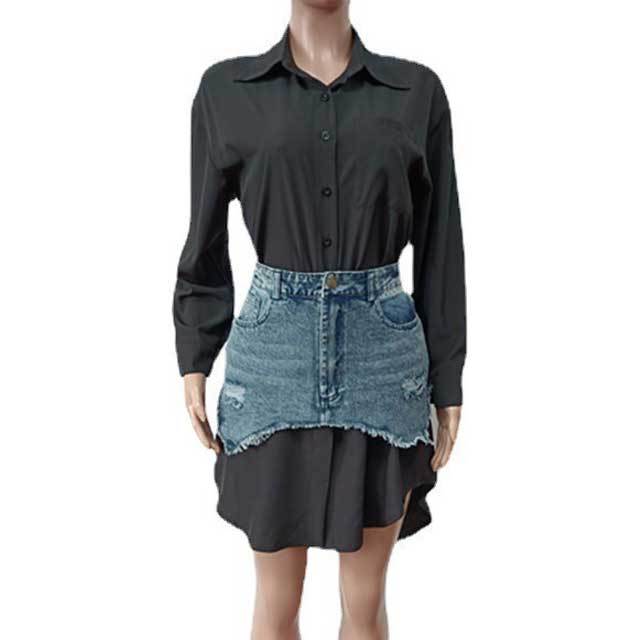 Basic Long Sleeve Shirt With Ripped Denim Skirt Set