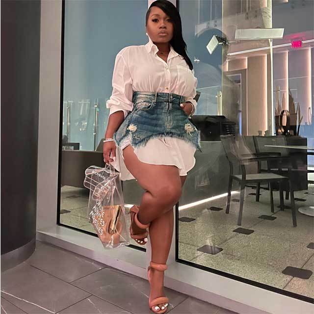 Basic Long Sleeve Shirt With Ripped Denim Skirt Set