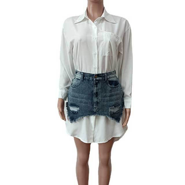 Basic Long Sleeve Shirt With Ripped Denim Skirt Set