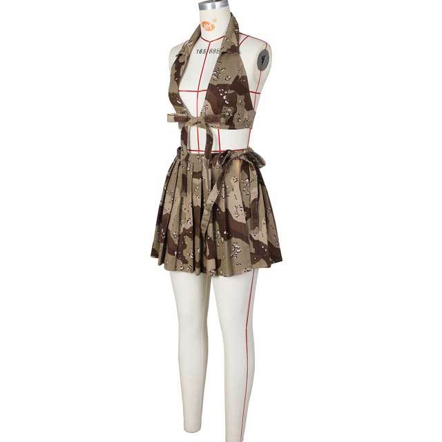 Camo Print Pleated Skirt Set