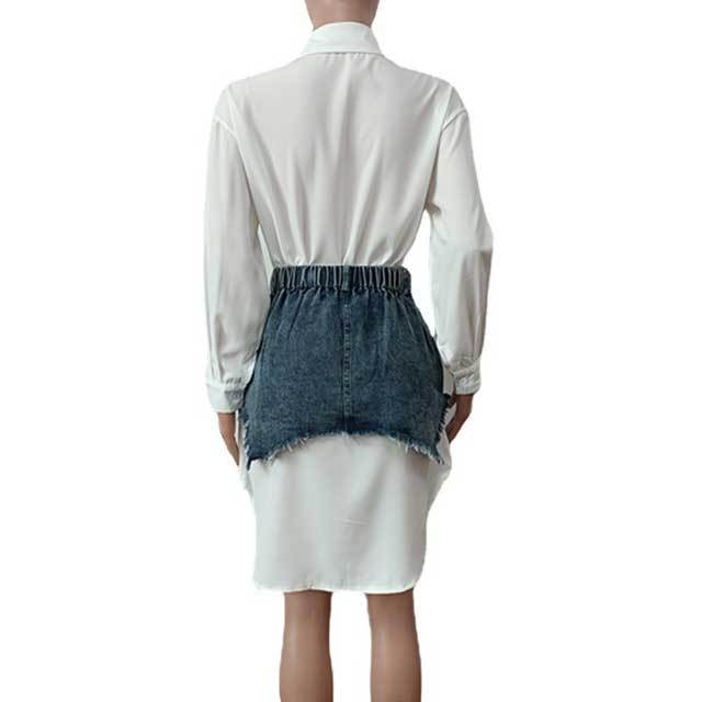 Basic Long Sleeve Shirt With Ripped Denim Skirt Set