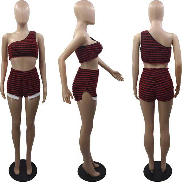 Knit Striped Single Shoulder Top Short Set