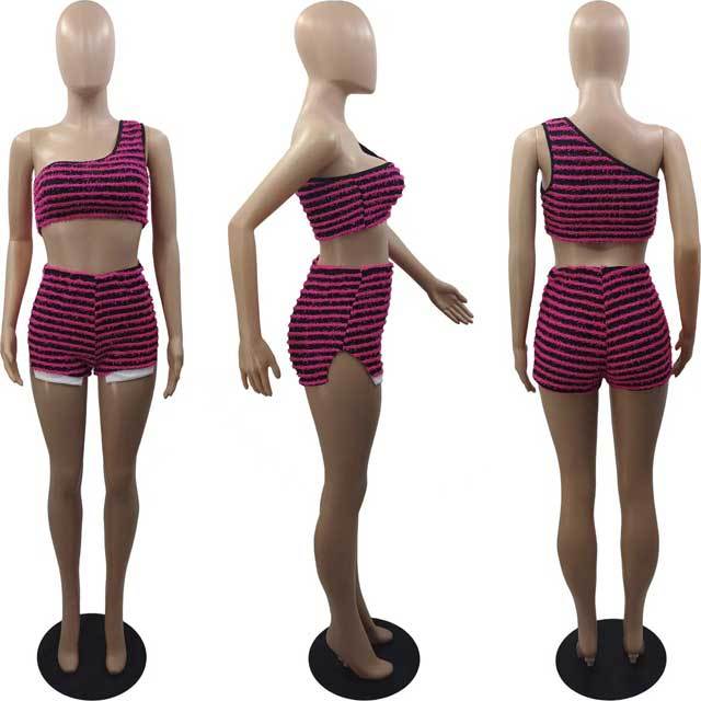 Knit Striped Single Shoulder Top Short Set