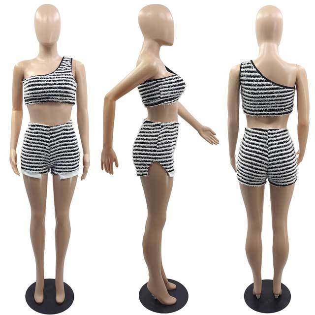 Knit Striped Single Shoulder Top Short Set