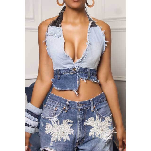 Color Block Denim Halter Top