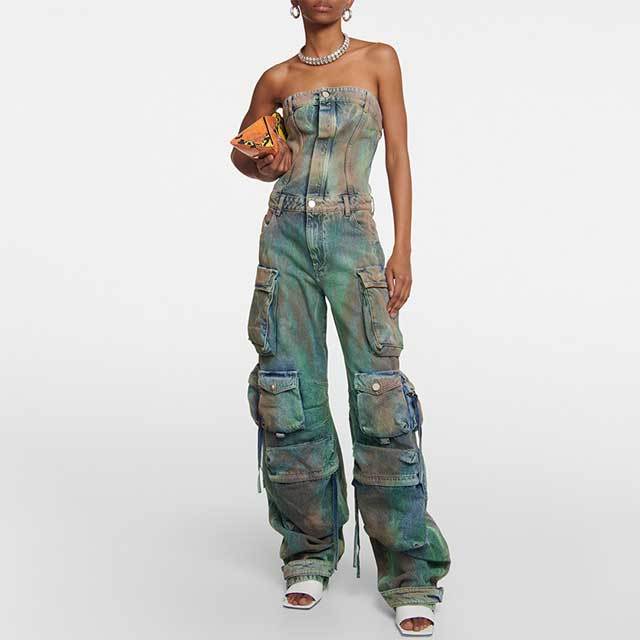 Spray Color Denim Cargo Jumpsuit