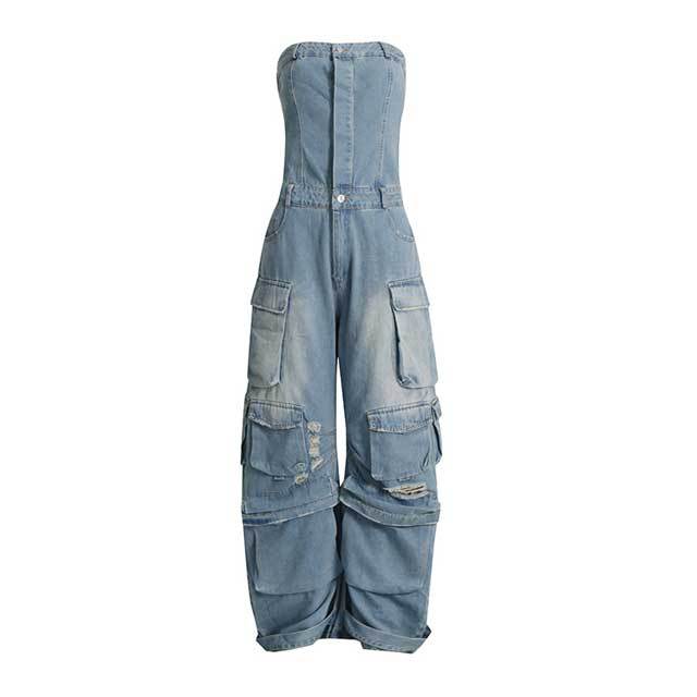 Multi Pockets Denim Cargo Jumpsuit