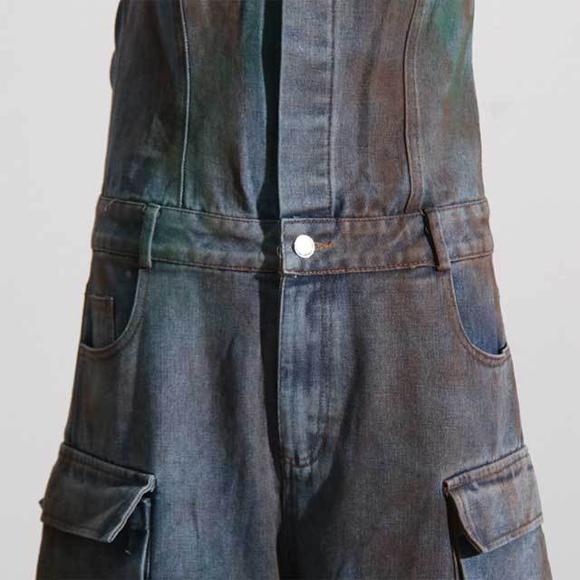 Spray Color Denim Cargo Jumpsuit