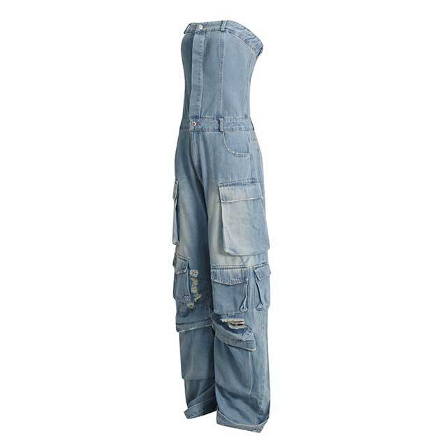 Multi Pockets Denim Cargo Jumpsuit