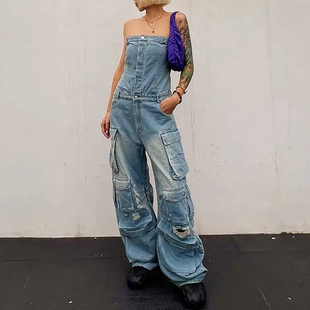 Denim multi-pocket jumpsuit
