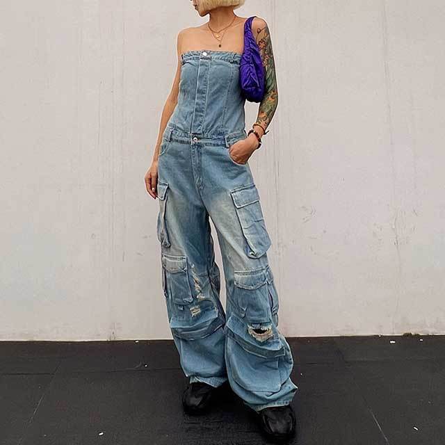 Multi Pockets Denim Cargo Jumpsuit