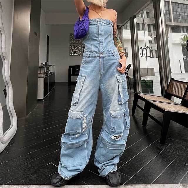 Multi Pockets Denim Cargo Jumpsuit