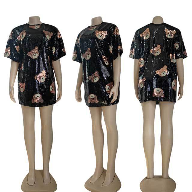 Short Sleeve Cartoon Sequin Dress