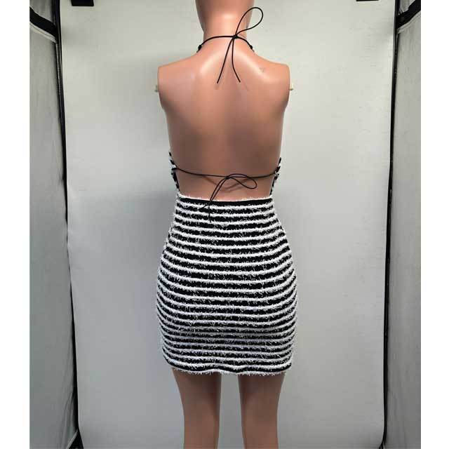 Knit Striped Strappy Backless Dress