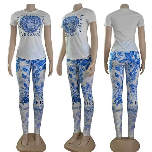 Printed Short Sleeve Jogging Pants Suit