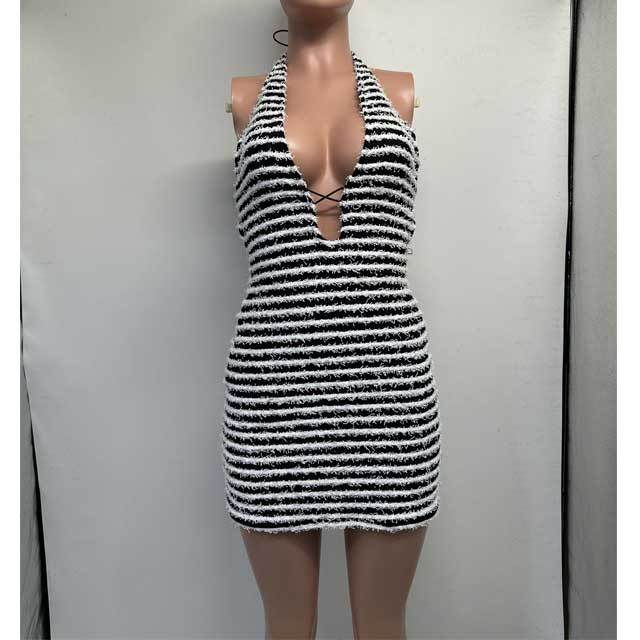 Knit Striped Strappy Backless Dress