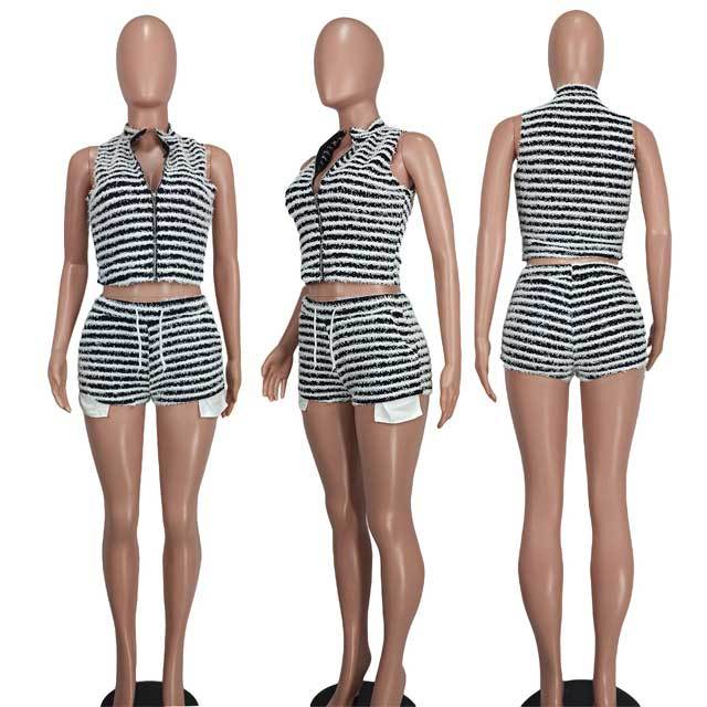 Knit Striped Zipper Top Short Set