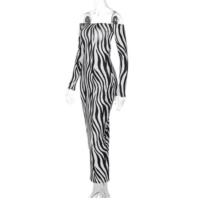 Zebra Print Off Shoulder Maxi Dress