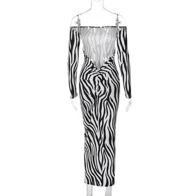 Zebra Print Off Shoulder Maxi Dress