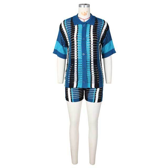 Knit Striped Polo Top Short Set