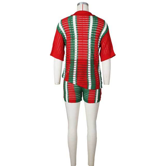 Knit Striped Polo Top Short Set