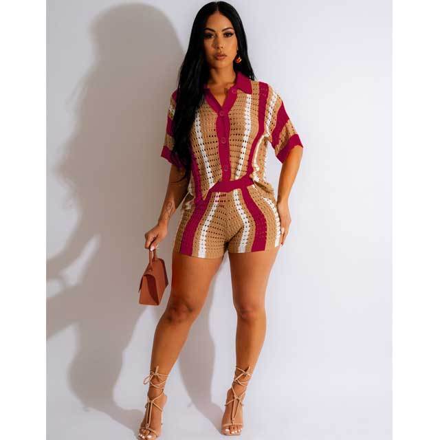 Knit Striped Polo Top Short Set