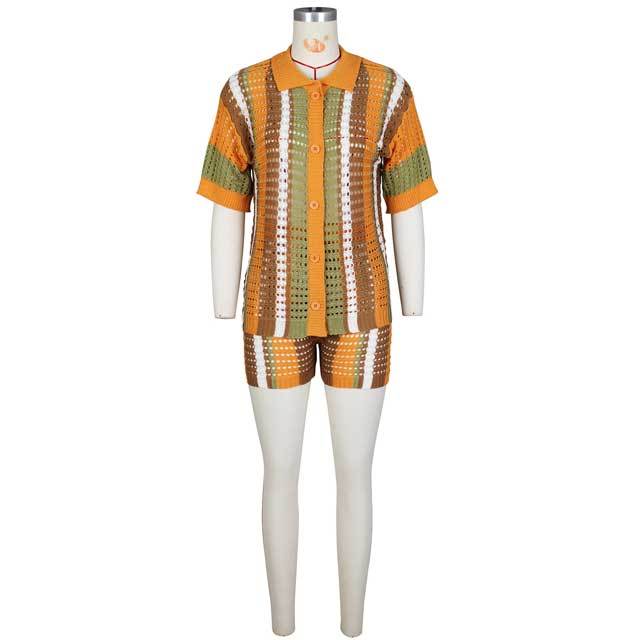 Knit Striped Polo Top Short Set