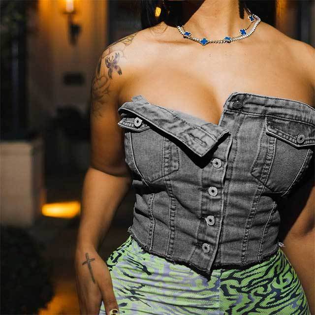 Button Denim Strapless Top