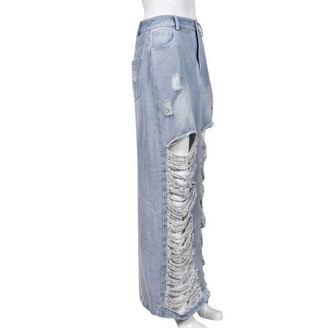 Destroyed Denim Slit Maxi Skirt