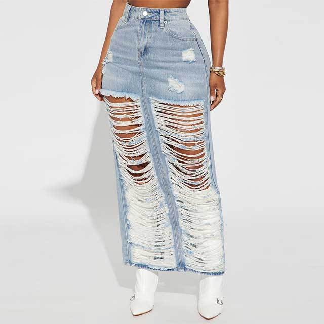 Destroyed Denim Slit Maxi Skirt