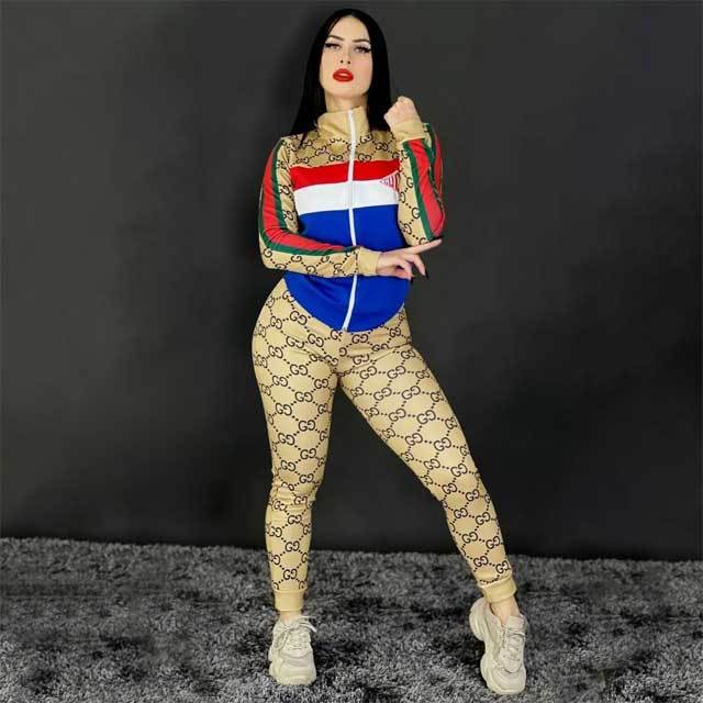 Printed Zipper Jacket Top Pants Set