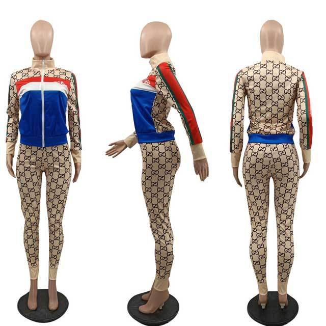 Printed Zipper Jacket Top Pants Set